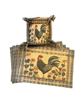 Carol Enders Park Imports Farmhouse Rooster Chicken Bread Basket & Placemats